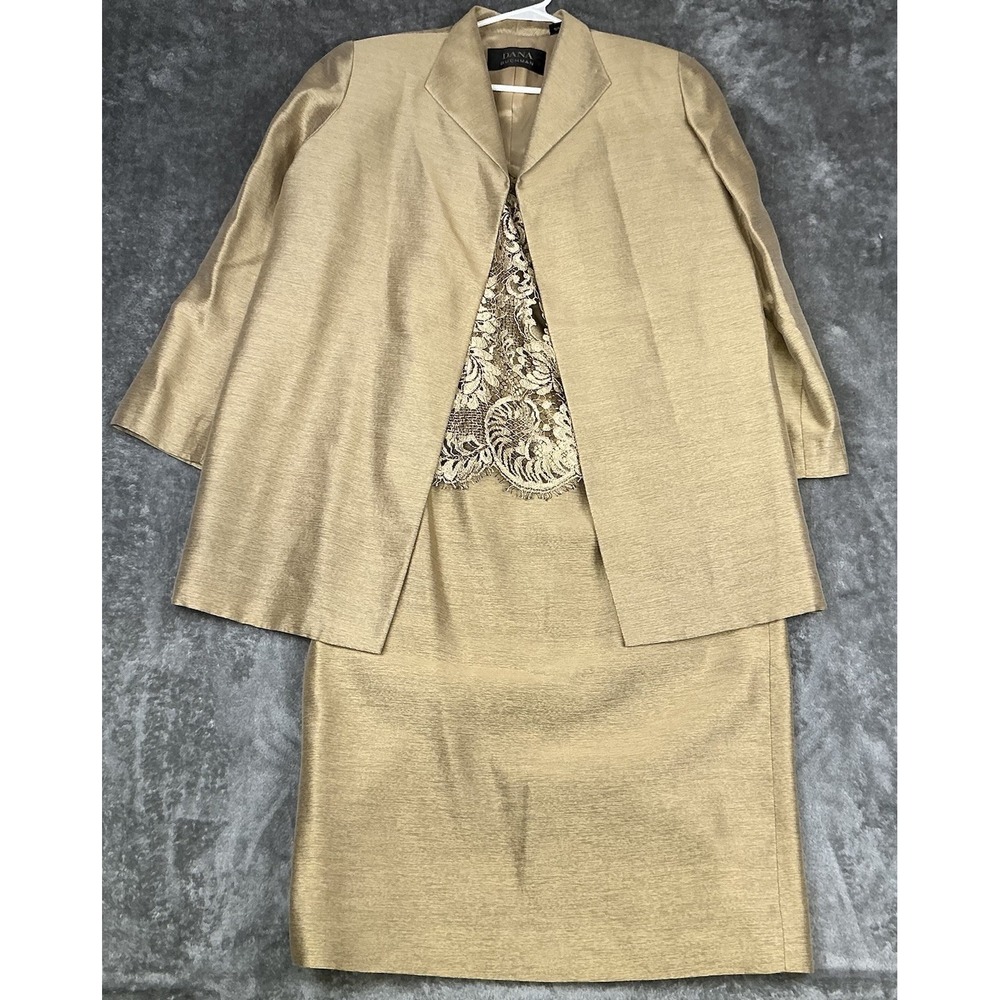 Vtg Dana Buchman Silk Shantung gold 3 Piece Skirt Suit Women size 6 & 10
